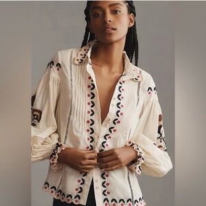 Anthropologie Farm Rio Cream Blouse with Pink and Black Embroidery